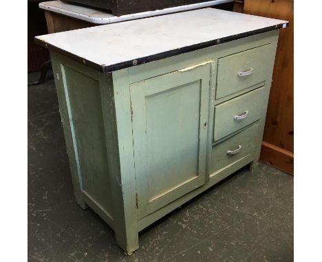 A kitchen sideboard with enamel top over three drawers and cupboard door, 92cmW 