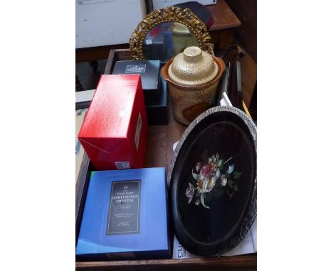 A mixed box of Stewart, Royal Briarly and Dartington Crystal, boxed; together with other items which include a Banjo baromete
