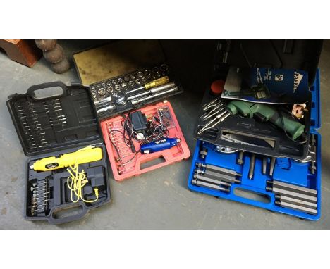 Various boxes of tools including socket set; Parkside Dremmel tool etc 