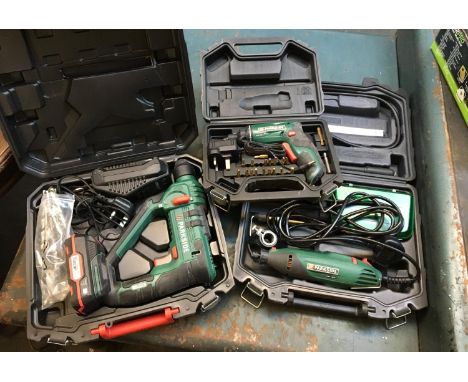 A Parkside cordless drill, with Parkside electrice multi-grinder, a Parkside electric screwdriver with bits (3) 