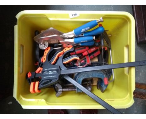 A mixed box of tools to include mostly clamps, G clamps, F clamps, etc