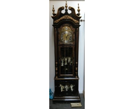 An unusual 1960s Japanned long case clock, heightened in gilt, broken pediment over domed door, silvered chapter ring with Ro