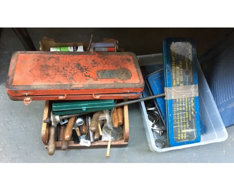 A large lot to include various hand tools, files, toolboxes, die cutting equipment, cased drillbits, socket set etc