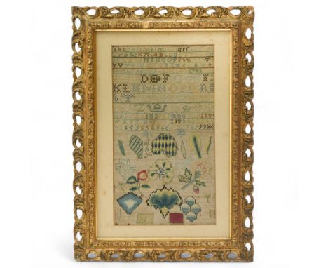 George II sampler, Dorothy Dethick, dated 1742, worked with bands of the alphabet, the lower section finely worked with vario