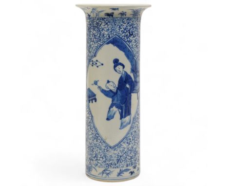 19th century Chinese sleeve vase decorated in blue and white with panels of mother and child within a floral and scroll surro
