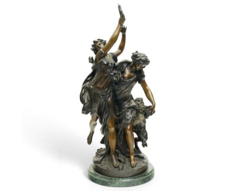 After Michel Claude Clodion (French 1738-1814): A Bacchanalia patinated bronze sculpture group depicting two dancing Maenads 