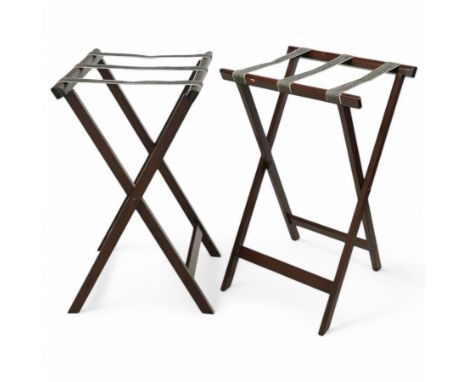 Pair of 20th century stained butler’s tray or luggage stands, each with folding X-frame supports and woven webbing strapsDime