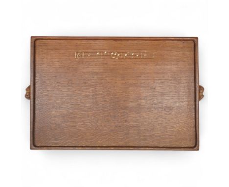 Mouseman - adzed oak two handled tray, rectangular form with raised lip edge, two carved mouse signatures forming the handles