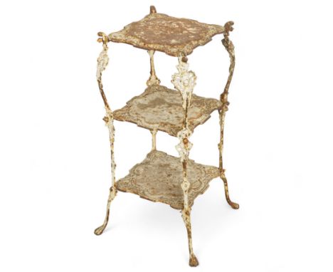 Val d'osne three-shelf cast iron plant stand the square top with shaped corners above leaf scroll supports with out-swept leg