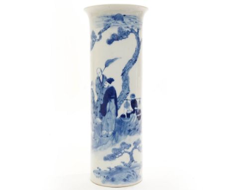 19th century Chinese sleeve vase decorated in blue and white with figures by the side of a lake with a fisherman in a boat, f