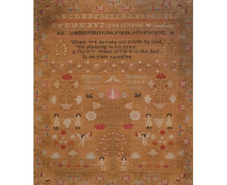 William IV sampler by Martha Badgers aged 9, dated 1835, finely worked with religious verse 'When we devote our youth to God,