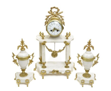 French-Early 20th century 8-day white marble and gilt metal striking portico mantle clock and garniture, Parisian drum moveme