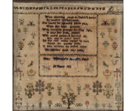 George III silk work sampler by Mary Wilkinson aged 14, dated 1813, finely worked with verse 'When blooming youth is match'd 