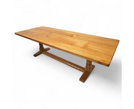 Mouseman - 8' oak refectory dining table, adzed oak top on twin pillar supports, by the workshop of Robert Thompson, Kilburn,