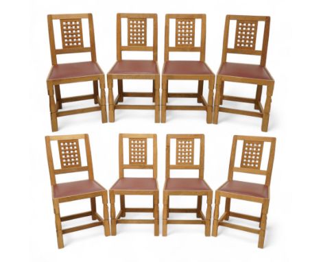 Mouseman - set of eight oak high lattice back dining chairs, by the workshop of Robert Thompson, Kilburn Dimensions: Height:&