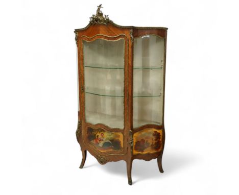 Louis XV revival kingwood Vernis-Martin serpentine fronted vitrine cabinet, arched top with gilt brass foliate mounts, glazed