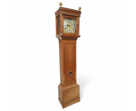 Thomas Bridge of London-late 17th-century oak cased longcase clock c1690-1700, flat topped hood with two gesso ball finials, 