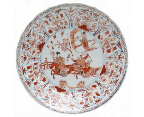 Chinese Kangxi Rouge de fer dish, decorated with hunting scene, the wide rim with flower, bird and insect boarder, D22cm Cond