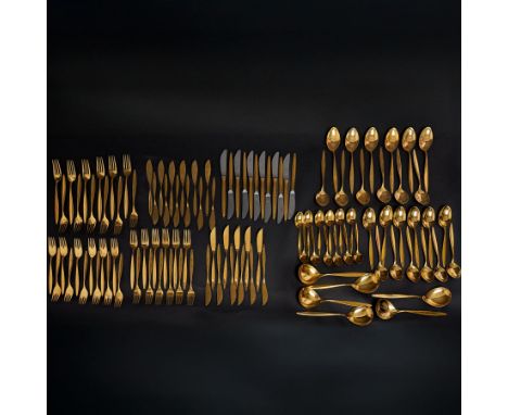 Extensive suite of WMF 800 silver gilt cutlery, for twelve covers, comprising twelve table knives and forks, fish knives and 