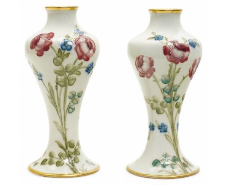 William Moorcroft for James Macintyre & Co, pair of small shouldered vases decorated with blossoming roses, burslem brown mar