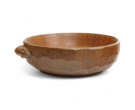 Mouseman - oak circular nut bowl, tooled outer edge carved with mouse signature, by the workshop of Robert Thompson, KilburnD