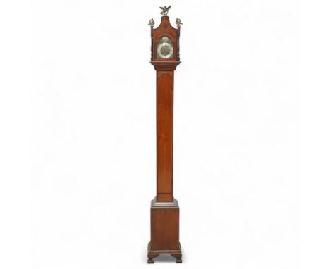 Edwardian-Miniature 8-day mahogany longcase clock, with a pagoda pediment and brass finials, break arch hood door flanked by 