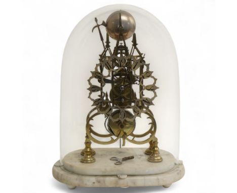 English-single train 8-day Skeleton clock c 1880, with a pierced scroll brass frame raised on four turned feet, with a silver