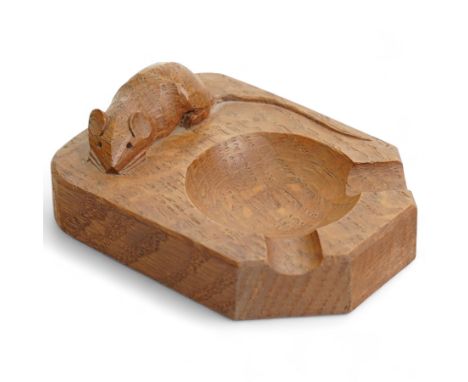 Mouseman - adzed oak ashtray with canted corners and carved mouse signature by the workshop of Robert Thompson, KilburnDimens