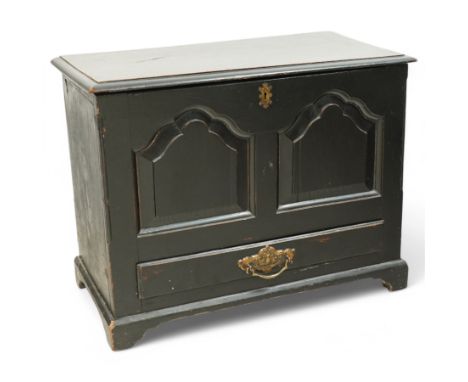 18th century and later oak coffer bach, moulded hinged lid over panelled front and single drawer, shaped and stepped arch pan