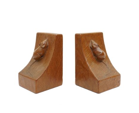 Mouseman - pair of adzed oak bookends with carved mouse signature  by the workshop of Robert Thompson, Kilburn H15cm