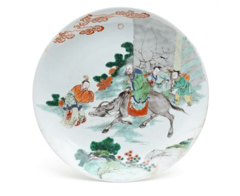 Chinese Kangxi famille verte dish, decorated with Laozi seated on the back of a buffalo greeting a bowing figure, D27cmCondit
