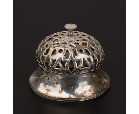 Edwardian silver table bell with domed pierced cover, twist action mechanism H8cm London 1902 Maker William Hutton & Sons