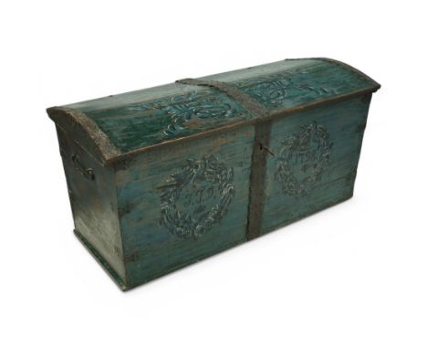 Late 18th Century painted oak dome top Scandinavian marriage coffer, with original lock and iron strap work, dated 1798, with