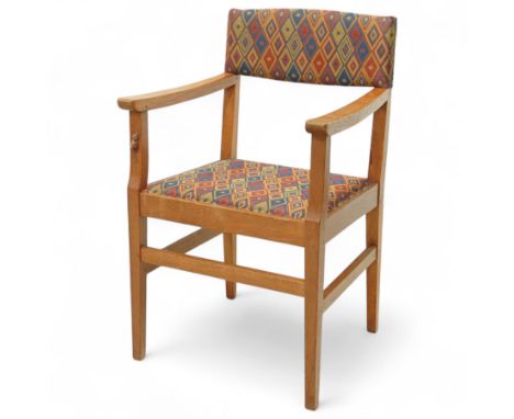 Mouseman - oak open armchair or bedroom chair, the back bar and seat upholstered in multi-coloured lozenge patterned fabric, 