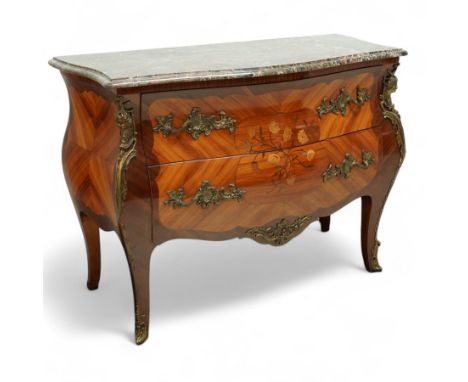 French Louis XV revival bombe commode, early 20th century, with variegated marble top above two drawers inlaid with floral ma