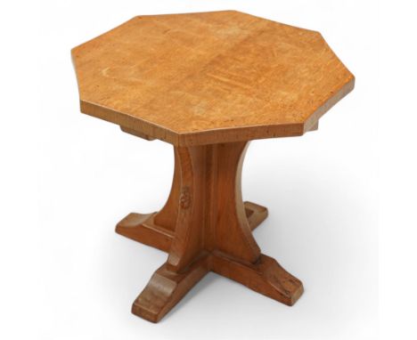 Mouseman - oak octagonal occasional table, adzed top on cruciform base with sledge feet, by the workshop of Robert Thompson, 