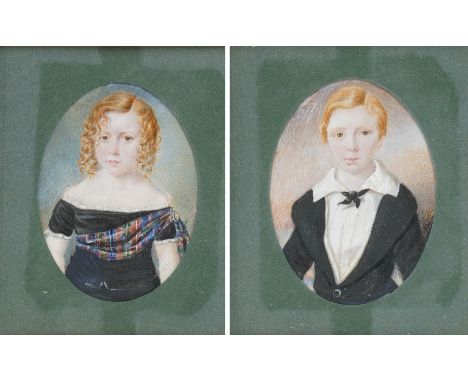 English School (19th Century): Portrait of a Brother and Sister in Highland Dress, pair miniature watercolours on ivory unsig