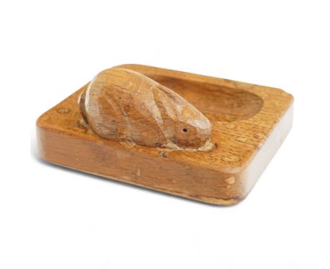 Rabbitman - tooled oak ashtray, rectangular form with rounded corners, carved with rabbit signature, by Peter Heap of Wetwang