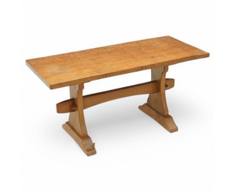 Squirrelman - oak coffee table, rectangular adzed top on shaped end supports and sledge feet, united by pegged stretcher, by 