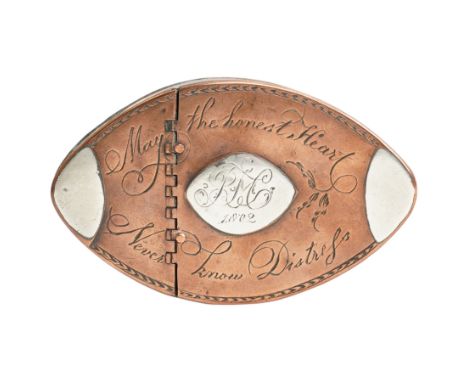 Early 19th century Freemason's copper and white metal snuff box, of oval form, the central panel engraved with monogram RM an