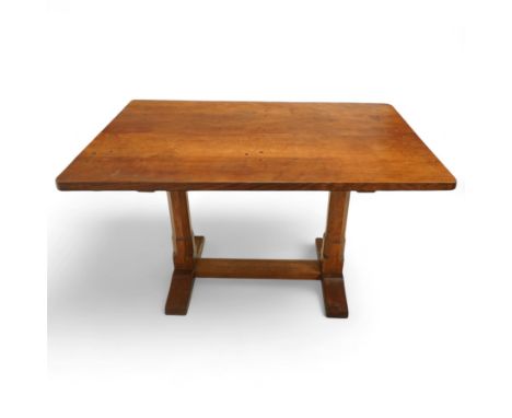 Rabbitman - Altar table, rectangular adzed top an octagonal pillar supports, sledge feet united by floor stretcher, carved wi