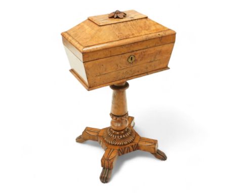 Mid 19th century burr ash teapoy, caddy shaped top with carved flower finial, opening to reveal five tea cannisters with hing