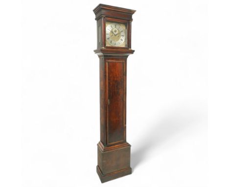 Joseph Saer of London- Queen Anne 8-day walnut longcase cock, with a flat topped pediment and a wide moulded cornice, blind f