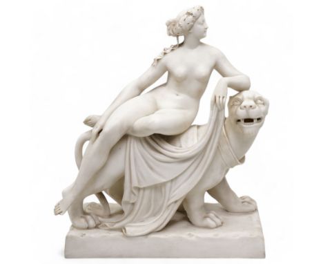 Victorian Minton Parian ware group 'Ariadne and the Panther', the nude maiden seated side-saddle astride a panther, her finge