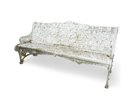 Coalbrookdale design - early 20th century cast aluminium Nasturtium pattern bench, white painted cast aluminium frame and sea