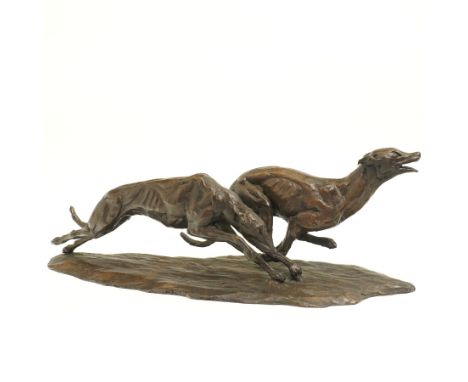 Tessa Pullan (British 1953-): 'Racing Greyhounds', patinated bronze figure, incised with monogram 'TP' and numbered 5/9, with