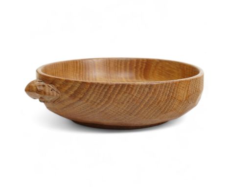 Mouseman - circular tooled oak nut bowl, carved with mouse signature, by the workshop of Robert Thompson, Kilburn Dimensions: