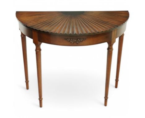Late 20th century mahogany demi-lune console table, wide fluted fan top, on turned and fluted supports Dimensions: Height:&nb