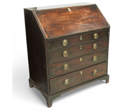 Georgian mahogany bureau, fall front rectangular top above four long graduated drawers with brass plate handles, interior wit