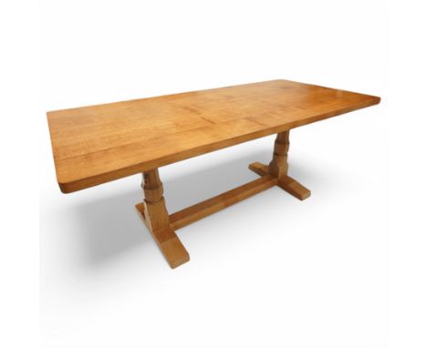 Mouseman - 6' refectory dining table, adzed rectangular top on octagonal pillar supports, sledge feet united by floor stretch